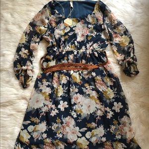 Belted Blue Floral Midi Nursing/Maternity Dress
